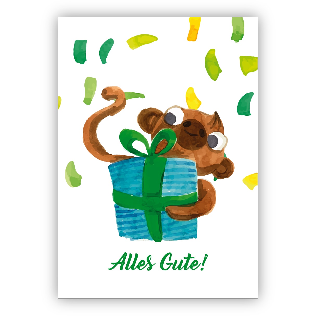 Süße gemalte Grußkarte mit kleinem Affen und Geschenk als Glückwunschkarte zum Übertritt, Einschulung, Geburtstag und was es noch zu feiern gibt: Alles Gute