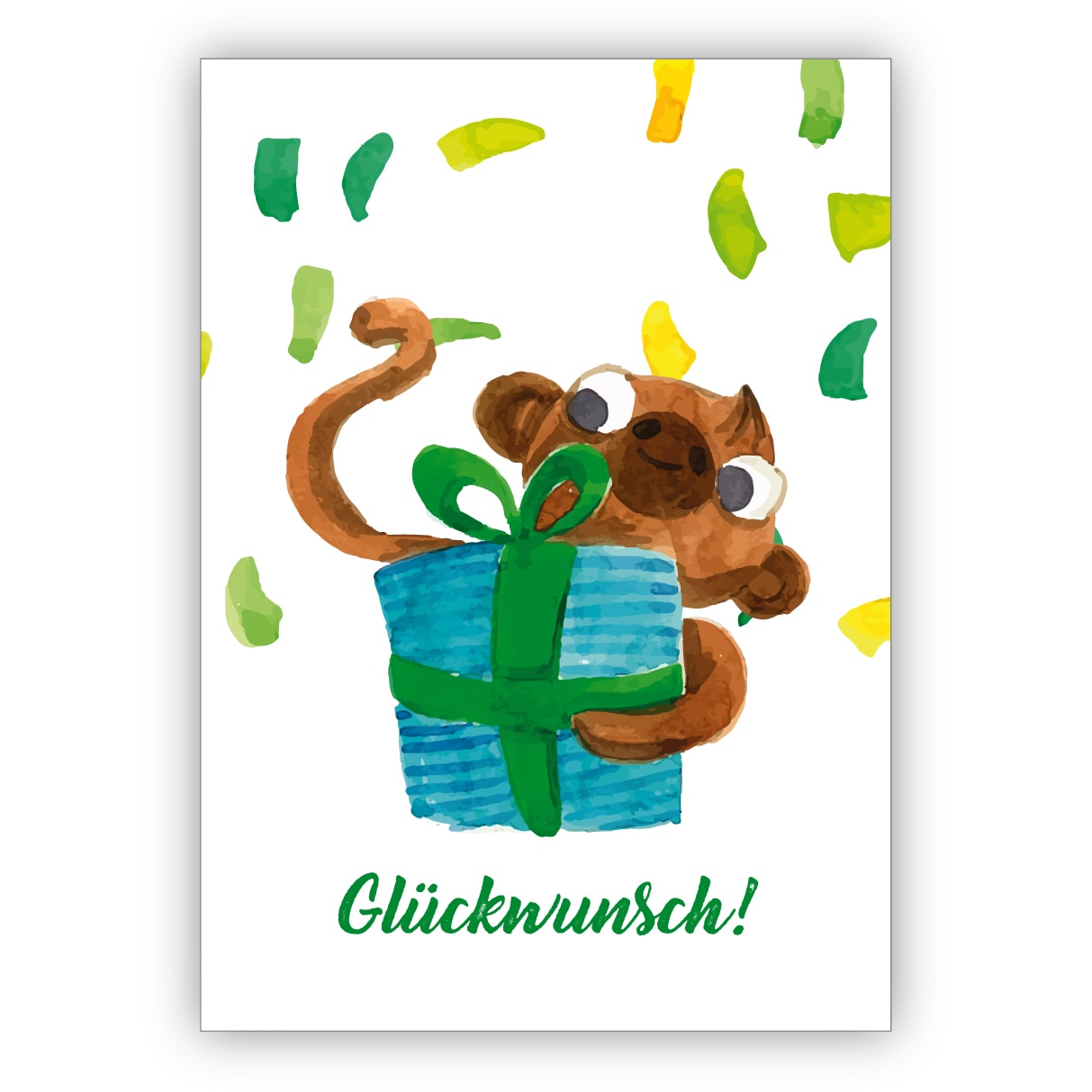 Tolle gemalte Grußkarte mit kleinem Affen und Geschenk als Glückwunschkarte zum Übertritt, Einschulung, Geburtstag und was es noch zu feiern gibt: Glückwunsch