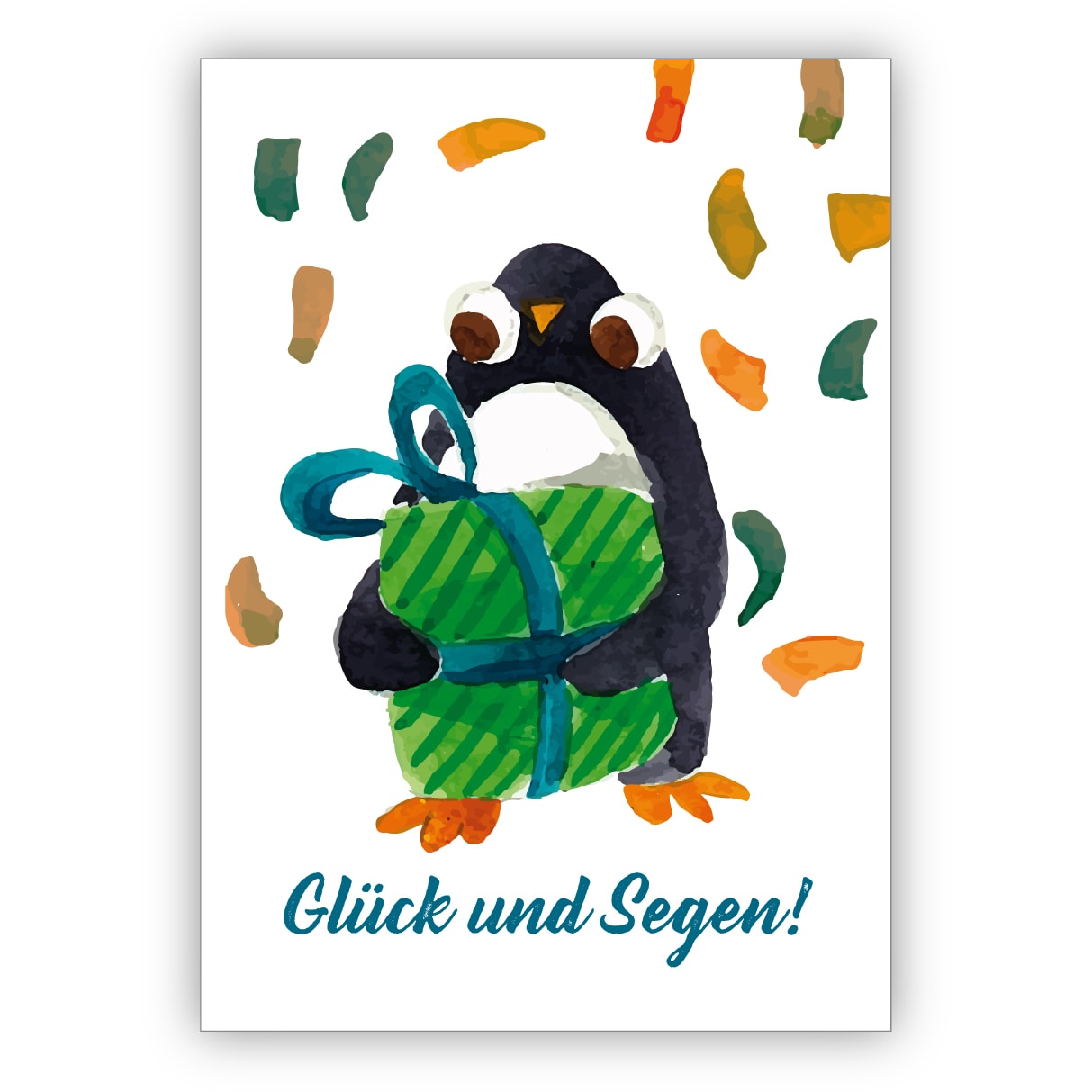 Süße gemalte Grußkarte mit Pinguin und Geschenk als Glückwunschkarte zum Übertritt, Einschulung, Geburtstag und alle neuen Wege: Glück und Segen