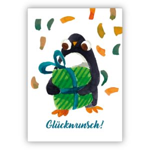 Nette gemalte Grußkarte mit kleinem Pinguin und Geschenk als Glückwunschkarte zum Übertritt, Einschulung, Geburtstag und was es noch zu feiern gibt: Glückwunsch