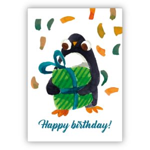 Nette gemalte Geburtstagskarte mit kleinem Pinguin und großem Geschenk: Happy birthday