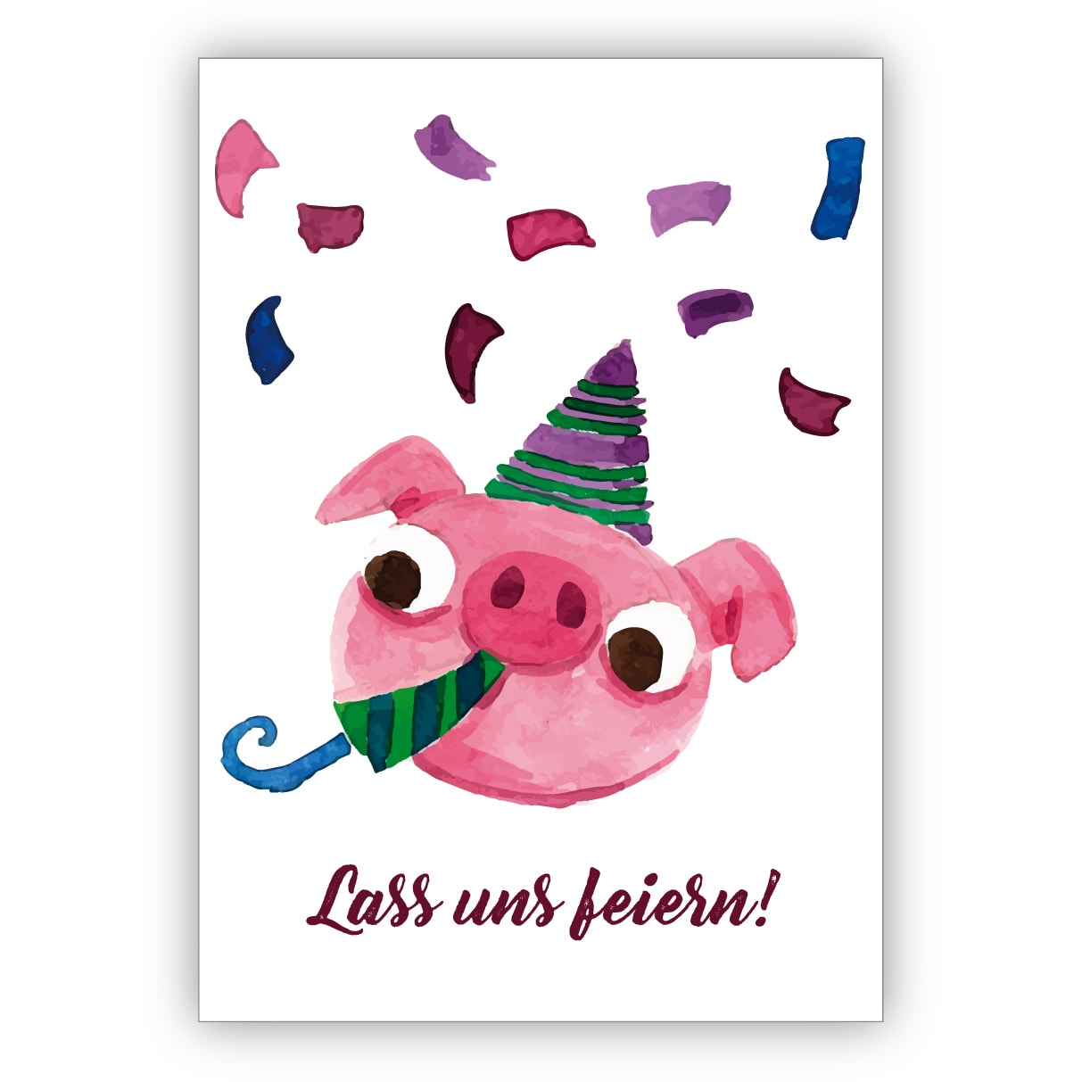 Lustige gemalte Einladungskarte mit Party Schweinchen zum Übertritt, Einschulung, Geburtstag und was es noch zu feiern gibt: Lass uns feiern
