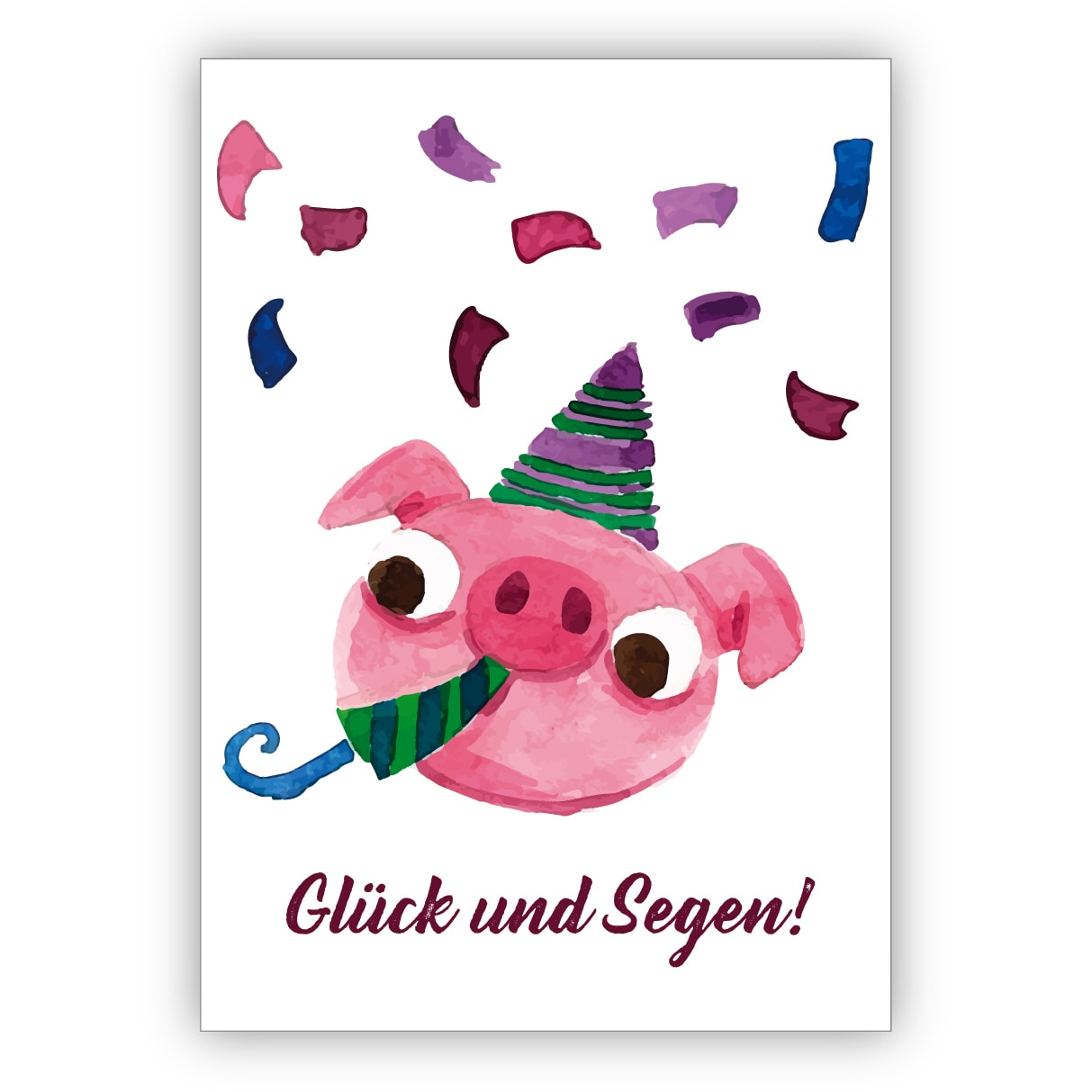 Süße gemalte Grußkarte mit Party Schweinchen als Glückwunschkarte zum Übertritt, Einschulung, Geburtstag und alle neuen Wege: Glück und Segen