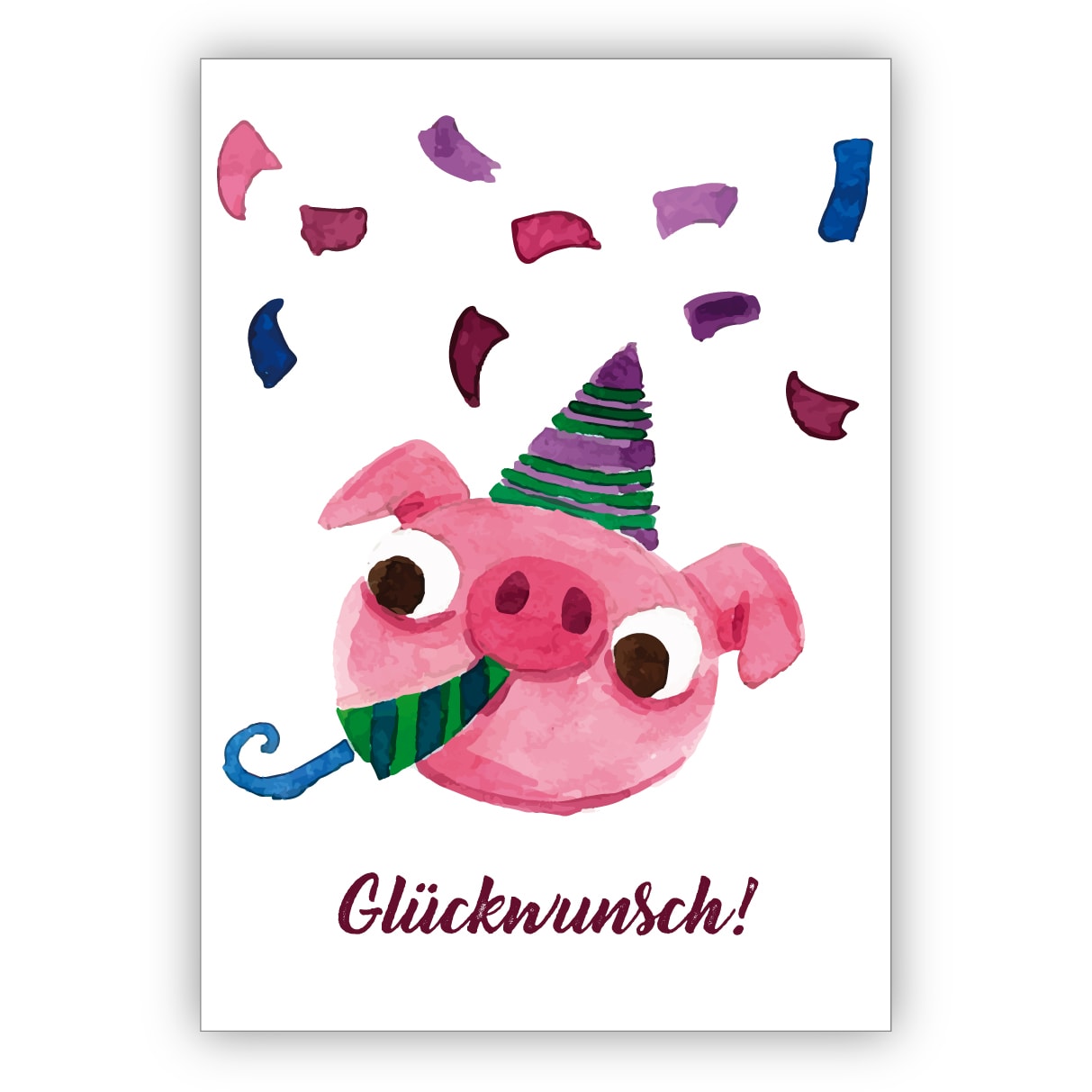 Fröhliche gemalte Grußkarte mit Party Schweinchen als Glückwunschkarte zum Übertritt, Einschulung, Geburtstag und was es noch zu feiern gibt: Glückwunsch
