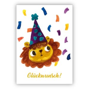 Fröhliche gemalte Grußkarte mit Party Löwe als Glückwunschkarte zum Übertritt, Einschulung, Geburtstag und was es noch zu feiern gibt: Glückwunsch