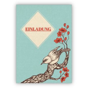Elegante Einladungskarte im japanischen Retro Stil mit Vogel und Blüten: Einladung