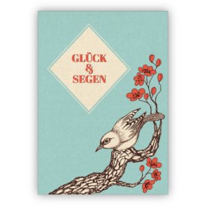 Wunderschöne elegante Glückwunschkarte auch zur Hochzeit im japanischen Retro Stil mit Vogel und Blüten: Glück und Segen