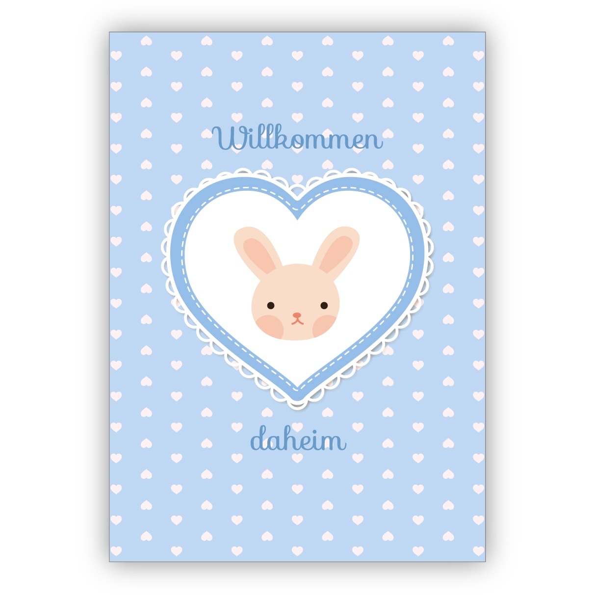 süße hellblaue Babykarte Glückwunschkarte mit Häschen im Herz für Baby Jungen zur Geburt: Willkommen daheim