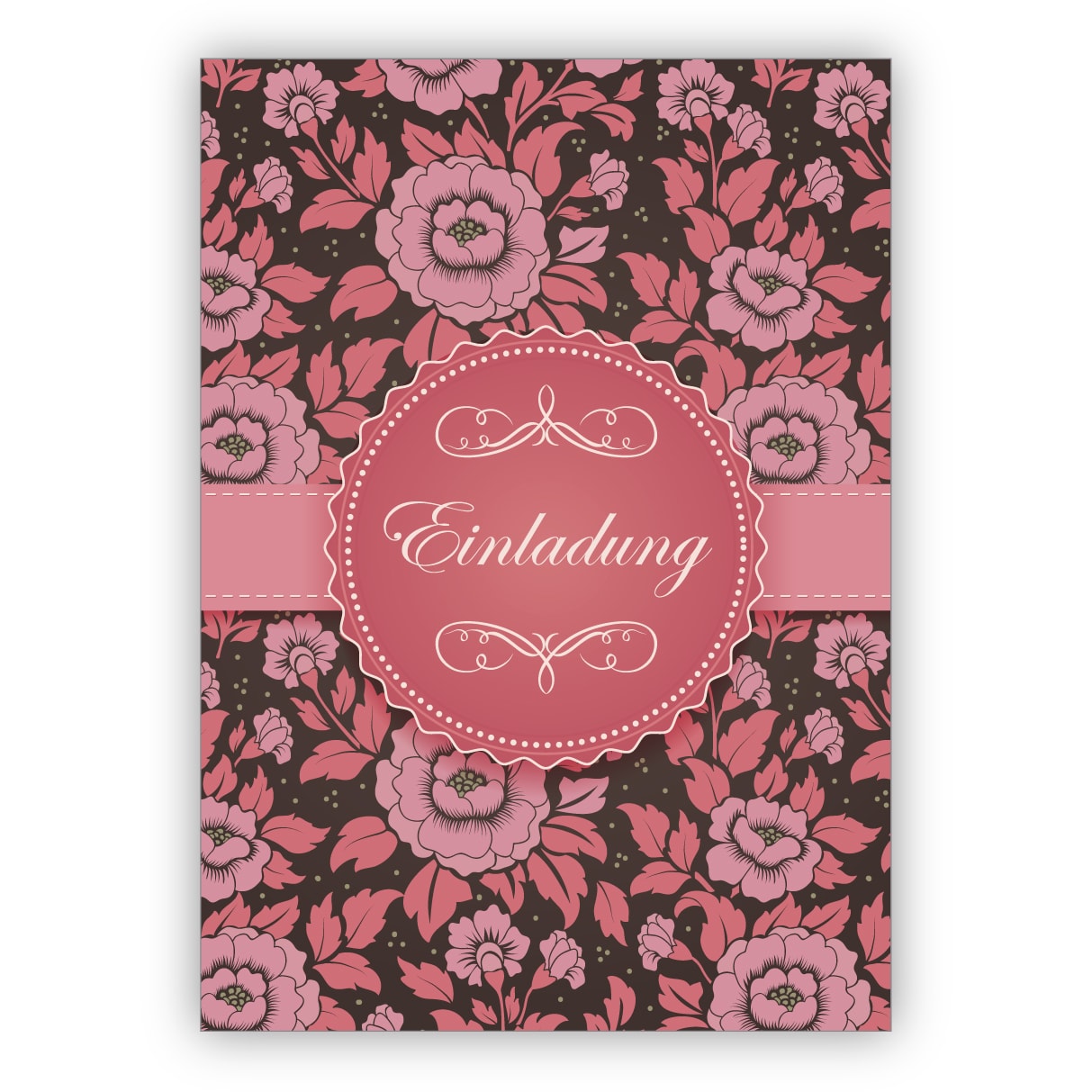 Feierliche rosa Einladungskarte zur Hochzeit, Taufe, Geburtstag, Firmung auf feinem Rosen Muster: Einladung