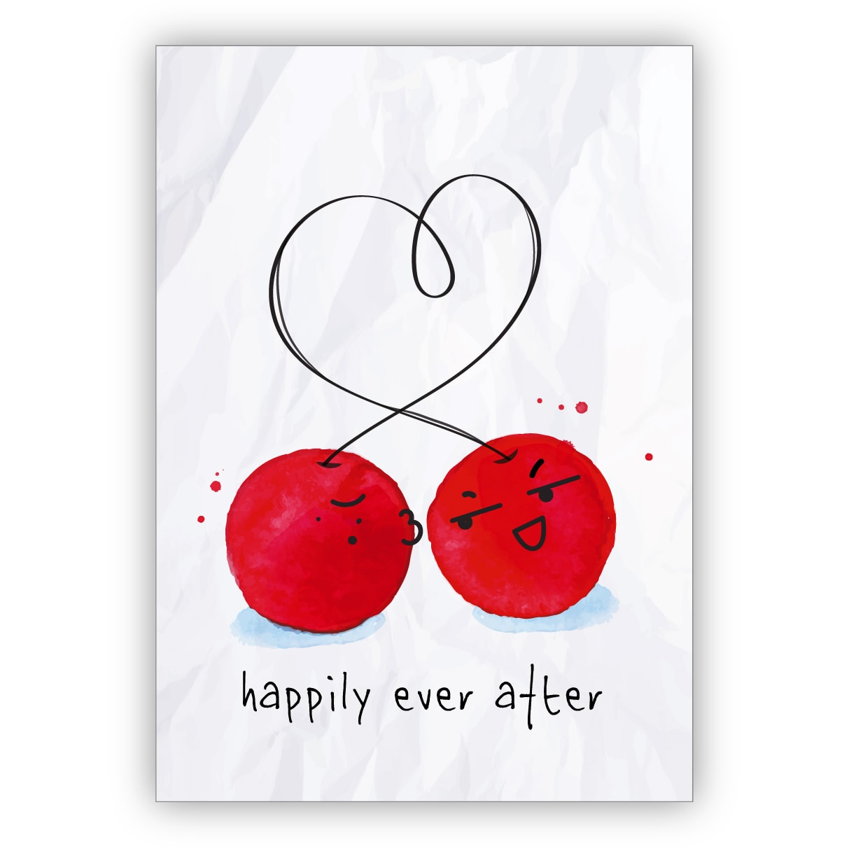 Lustige Hochzeitskarte mit herzigen verliebten Kirschen als Glückwunsch für das Brautpaar: happily ever after