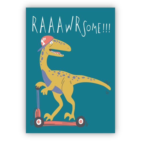 lustige Designer Geburtstagkarte, Geschenkkarte mit Dinosaurier auf Skateboard: Raaawrsome!!