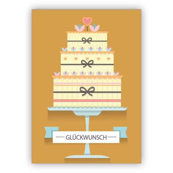 Elegante Hochzeitskarte mit traumhafter Hochzeitstorte als Glückwunsch-, Geschenkkarte zur Hochzeit: Glückwunsch