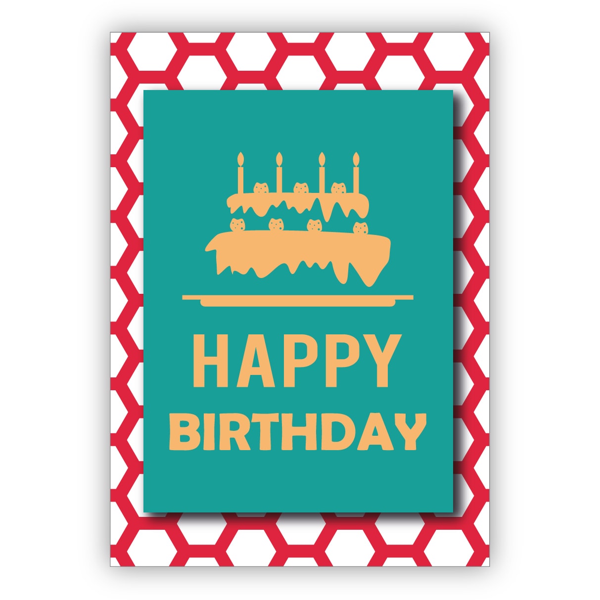 Schicke moderne, türkise Geburtstagskarte mit üppiger Geburtstagstorte auf rotem Wabenmuster: Happy Birthday