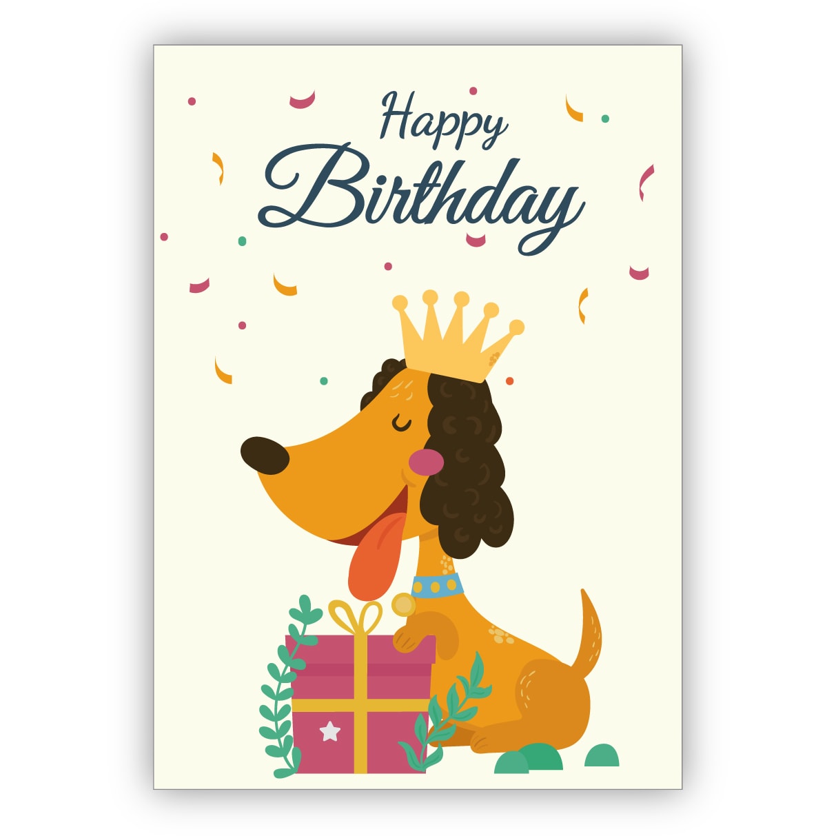 Lustige Cartoon Geburtstagskarte mit Dackel König und Geschenken: Happy Birthday