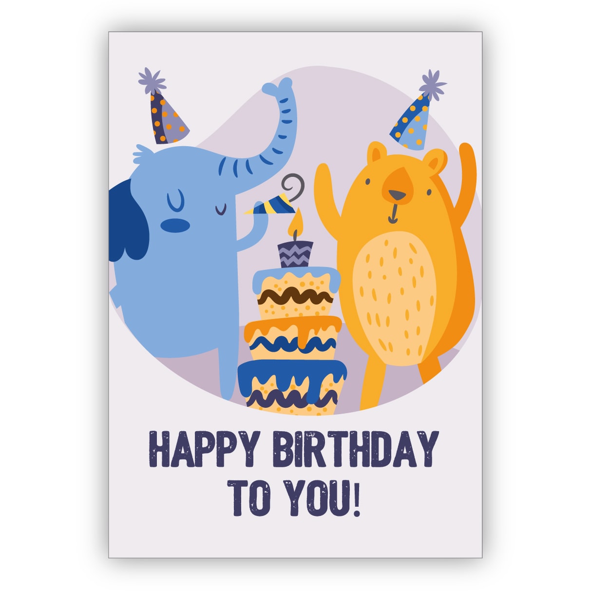 Lustige Geburtstagskarte mit Party Elefant und Jubel Bär mit Torte: Happy Birthday to you!