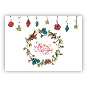 Wunderschöne englische Weihnachtskarte mit Weihnachtsschmuck und klassischem Kranz: Merry Christmas