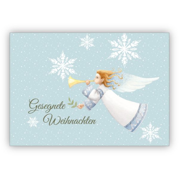 Zarte Weihnachtskarte mit Verkündigungs Engel im Schnee Gestöber mit Sternen: Gesegnete Weihnachten