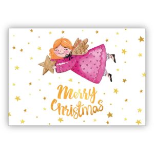 Lustige Sternen Weihnachtskarte mit fröhlichem Engel: Merry Christmas