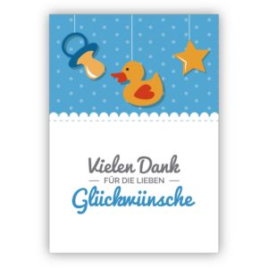 Süße hellblaue Dankeskarte zur Geburt eine Babys mit Ente und Schnuller: Vielen Dank für die lieben Glückwünsche