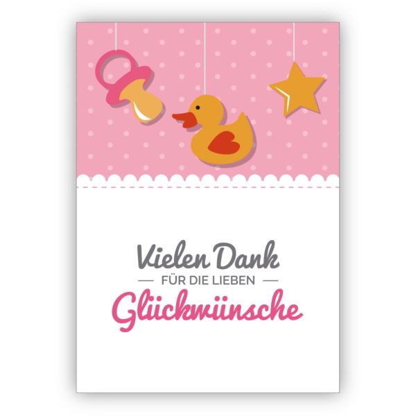Süße rosa Dankeskarte zur Geburt eine Babys mit Ente und Schnuller: Vielen Dank für die lieben Glückwünsche