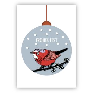 Hübsche reduzierte Weihnachtskarte mit kleinem Vogel in Weihnachtskugel im Schnee: Frohes Fest