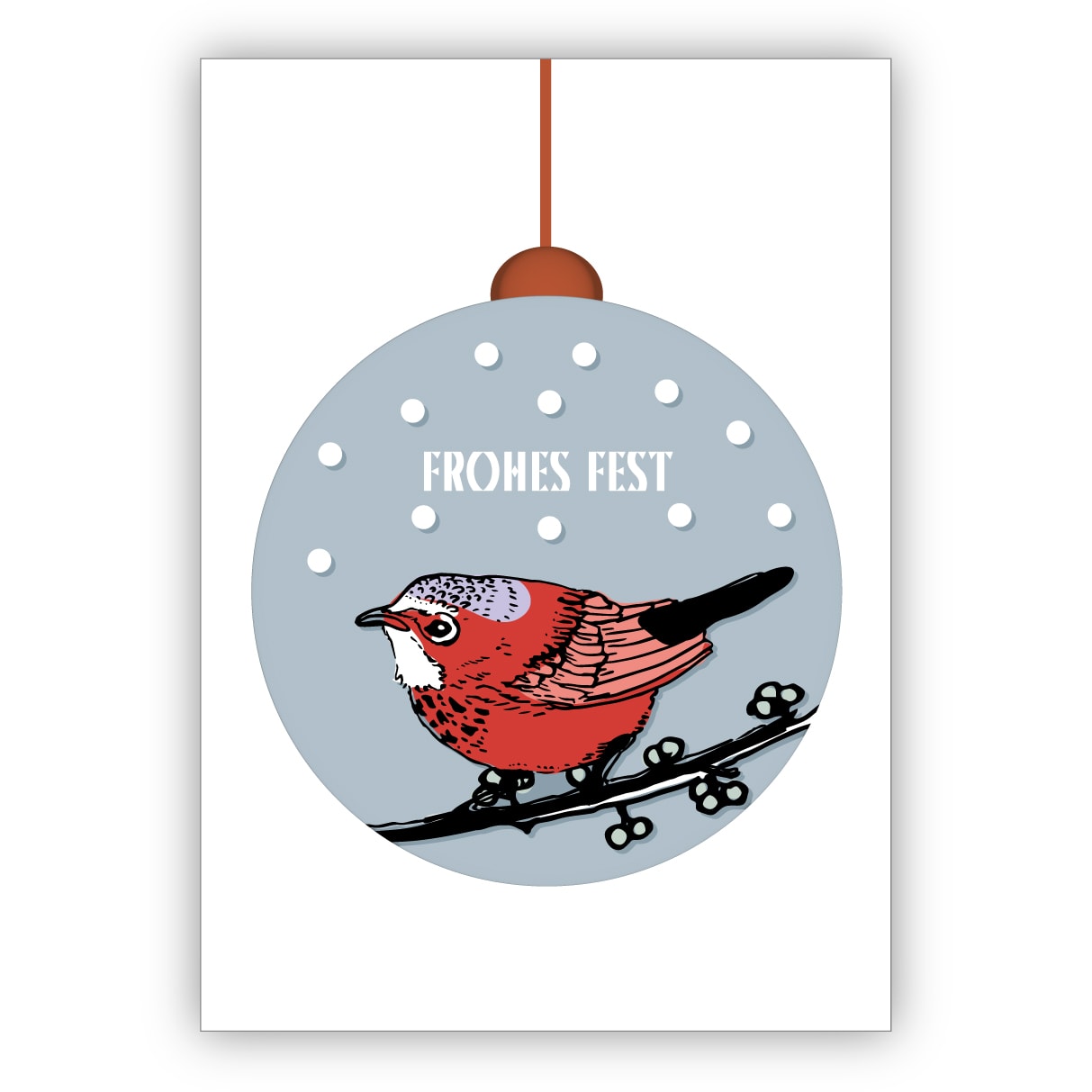 Hübsche reduzierte Weihnachtskarte mit kleinem Vogel in Weihnachtskugel im Schnee: Frohes Fest