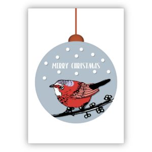 Edle moderne Weihnachtskarte mit kleinem Vogel in Weihnachtskugel im Schnee: Merry Christmas