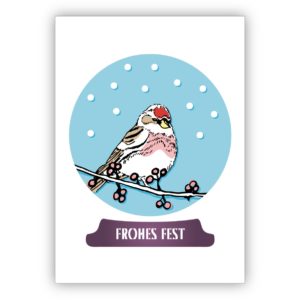 Hübsche Weihnachtskarte mit kleinem Vogel in Weihnachts Schneekugel: Frohes Fest
