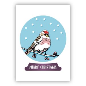 Edle moderne Weihnachtskarte mit kleinem Vogel in Weihnachts Schneekugel: Merry Christmas
