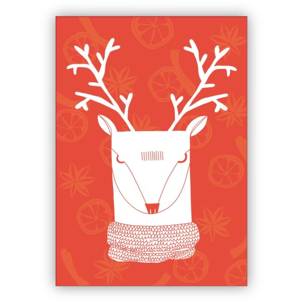 Schicke moderne Weihnachtskarte mit Retro Hirsch auf Zimt und Nelken in orange
