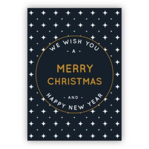 Edle blau weiße Weihnachtskarte mit grafischem Muster: We wish you a merry christmas and happy new year