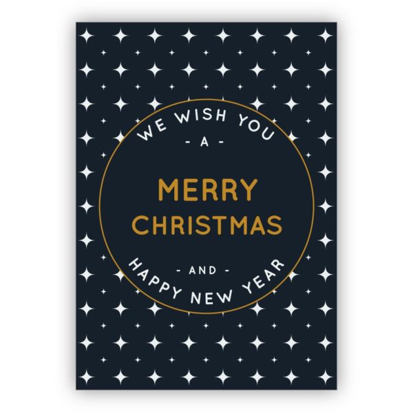 Edle blau weiße Weihnachtskarte mit grafischem Muster: We wish you a merry christmas and happy new year