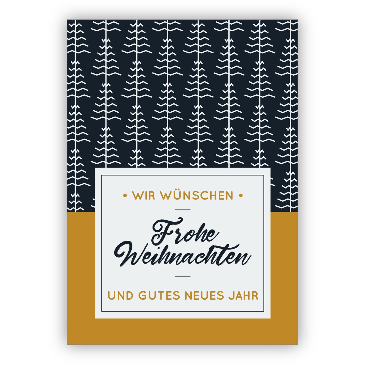 Edle blau weiße Weihnachtskarte mit Weihnachtsbaum Muster: Wir wünschen frohe Weihnachten