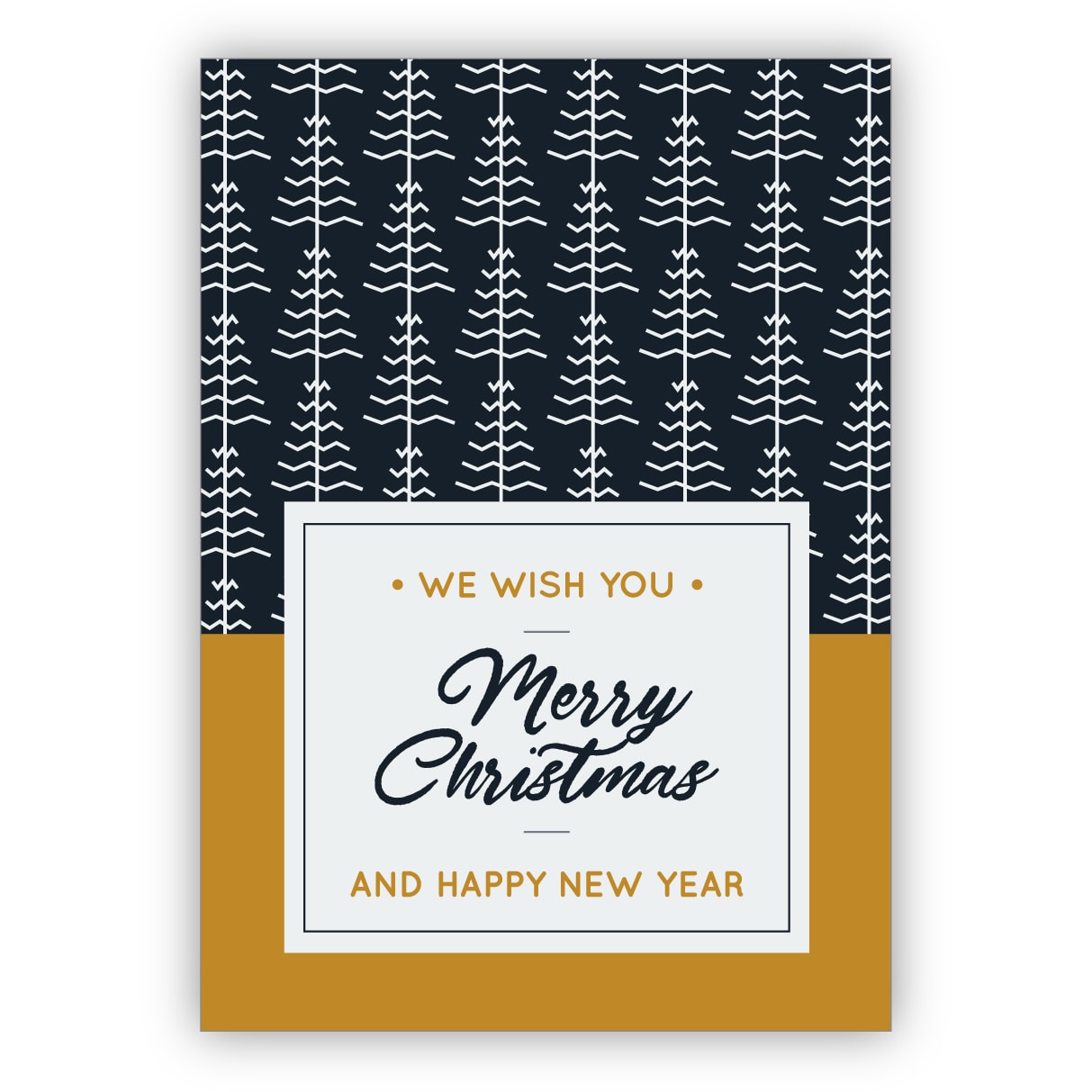 Edle blau weiße Weihnachtskarte mit Weihnachtsbaum Muster: We wish you merry christmas and happy new year