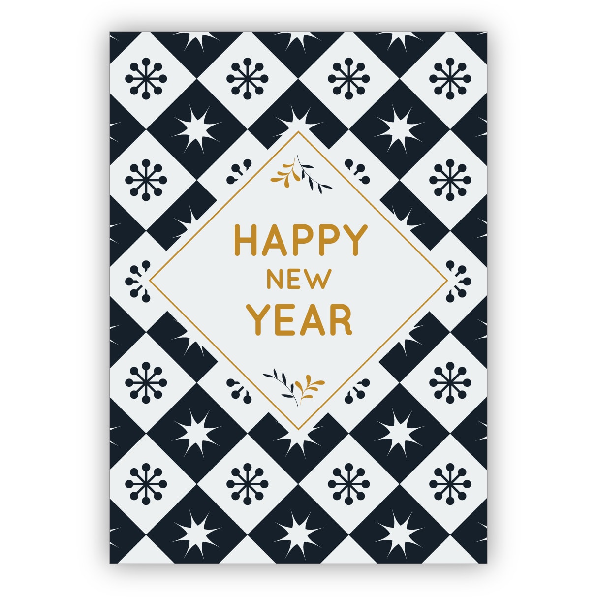 Klassische blau weiße Silvesterkarte als glückwunsch zum neuen Jahr: Happy new year