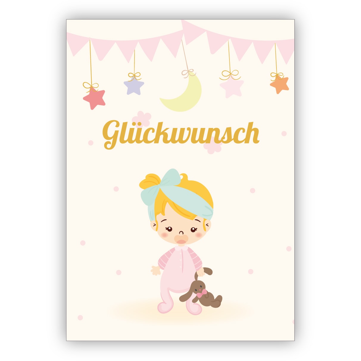 Niedliche Glückwunschkarte zur Geburt eines Mädchen mit kleinem Baby Girl mit Häschen: Glückwunsch