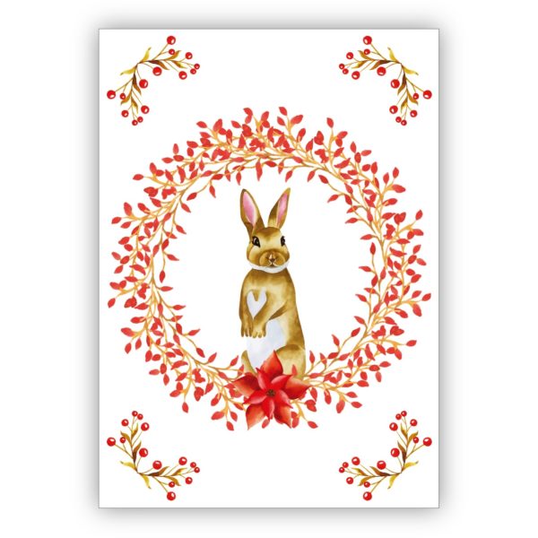 Hübsche klassische Weihnachtskarte mit edlem Weihnachtskranz in rot mit schönem Hasen