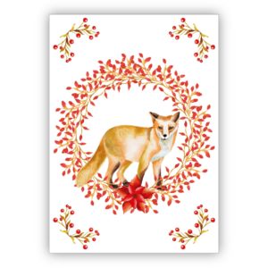 Schöne klassische Weihnachtskarte mit edlem Weihnachtskranz in rot mit Fuchs