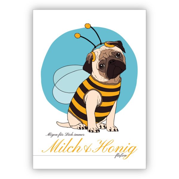 Entzückende Geburtstagskarte mit süßem Mops im Bienen Kostüm: Mögen für Dich immer Milch & Honig fließen.