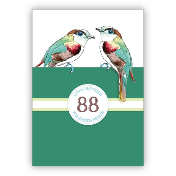 Edle klassische Geburtstagskarte zum 88. Geburtstag mit Vögeln in grün: 88 Glück und Segen von ganzem Herzen
