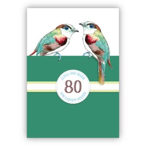 Edle klassische Geburtstagskarte zum 80. Geburtstag mit Vögeln in grün: 80 Glück und Segen von ganzem Herzen