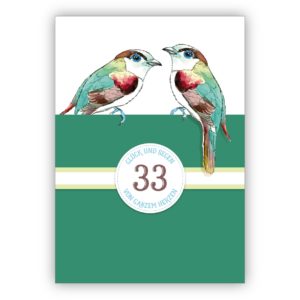Elegante klassische Geburtstagskarte zum 33. Geburtstag mit Vögeln in grün: 33 Glück und Segen von ganzem Herzen