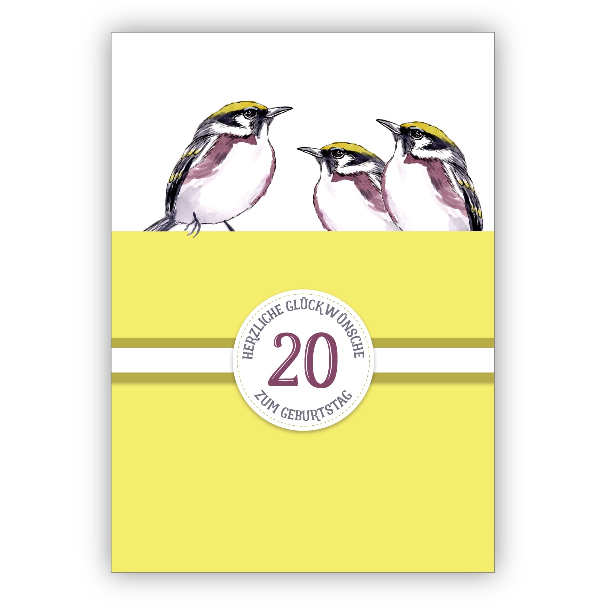 Sonnige klassische Geburtstagskarte zum 20. Geburtstag mit schönen Vögeln in gelb: 20 Herzliche Glückwünsche zum Geburtstag