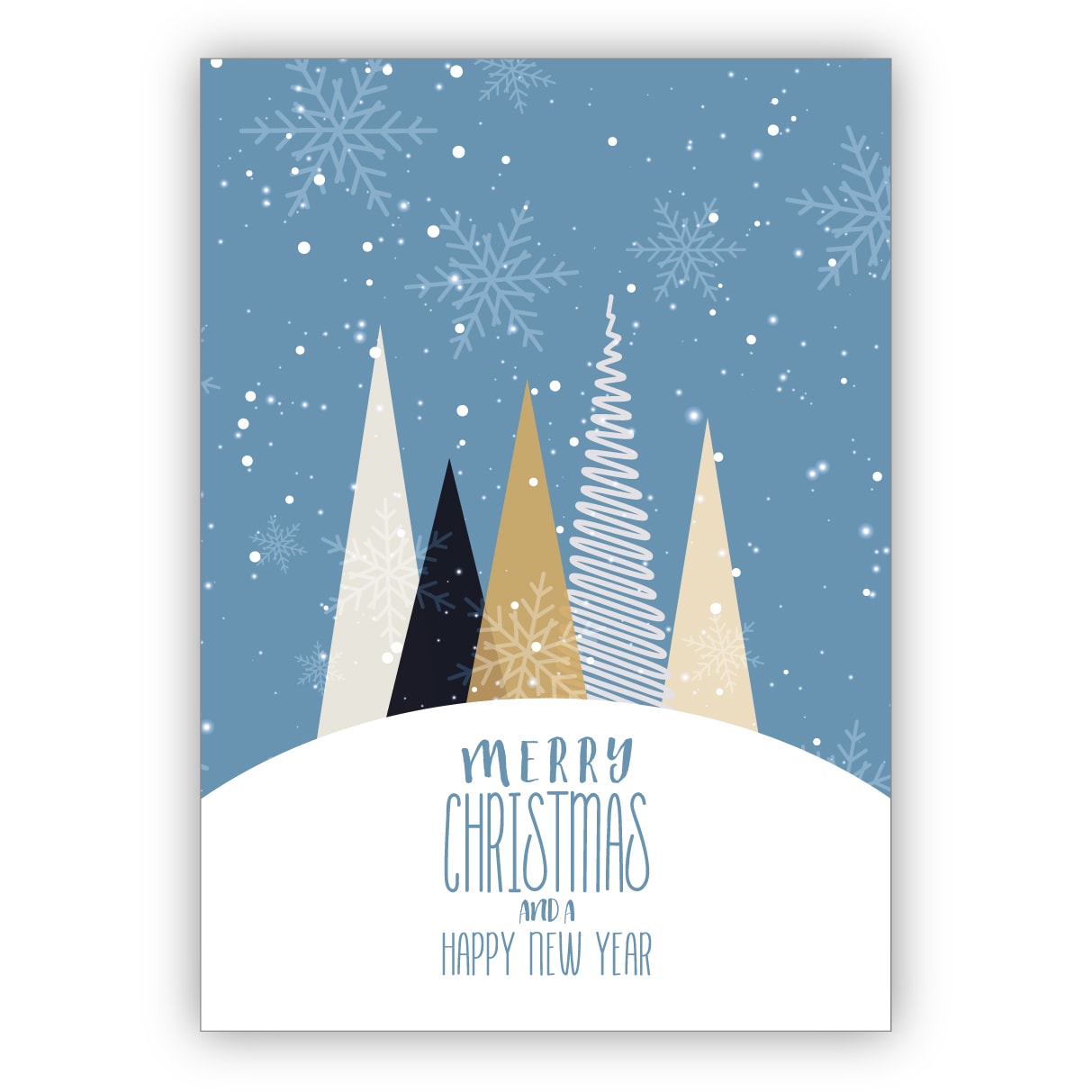 Edle moderne Weihnachtskarte mit grafischen Weihnachtsbäumen im Schnee: Merry Christmas and a happy new year