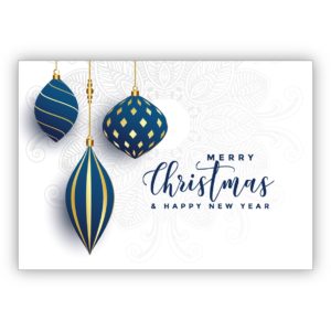 Edle blau weiße Weihnachtskarte mit Weihnachtskugeln: Merry Christmas & happy new year