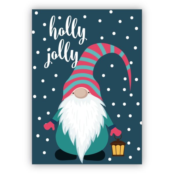 Niedliche Weihnachtskarte mit süßem Wichtel im Schnee: holly jolly
