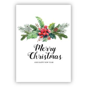 Klassische Weihnachtskarte mit Weihnachtsgesteck und Lettering: Merry Christmas & happy new year