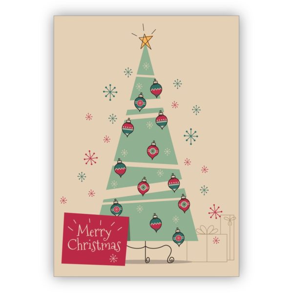 Klassische Retro Weihnachtskarte mit Weihnachtsbaum und Geschenken: Merry Christmas