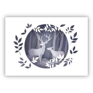 Klassische Weihnachtskarte in Papercut Optik (NICHT 3D) mit Rotwild Hirsch im Wald