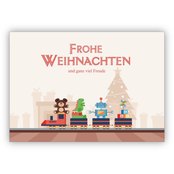 Niedliche Weihnachtskarte mit Weihnachtszug voller Geschenke: Frohe Weihnachten und ganz viel Freude